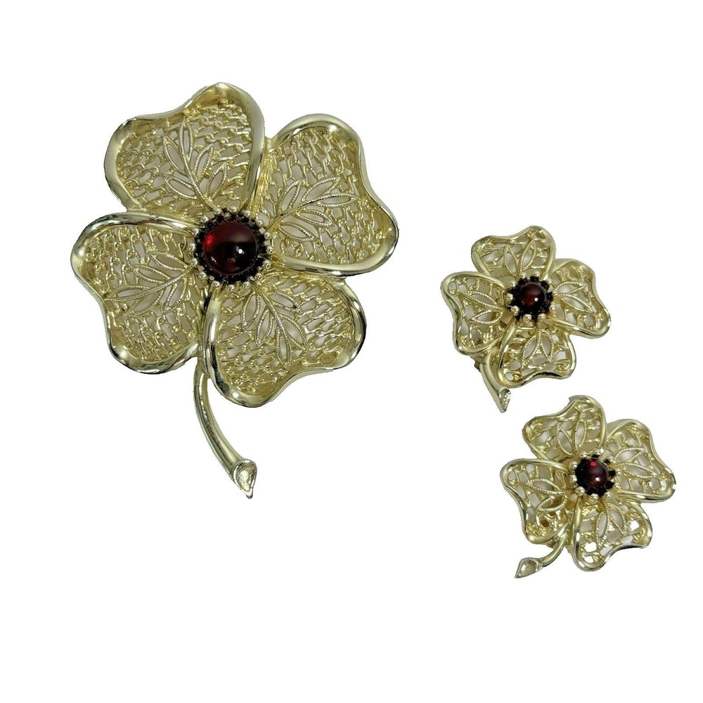 Signed‎ Emmons Gold Tone Filigree Flower Brooch Clip On Earrings Red MCM Jewelry